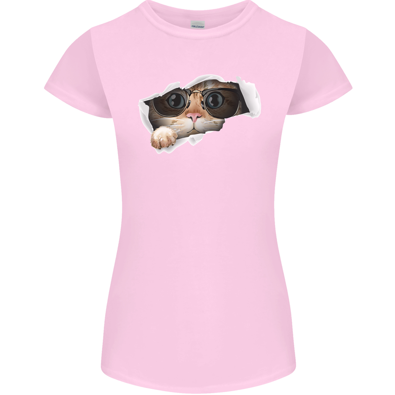 A Funny Cat Peeking From a Ripped Top Womens Petite Cut T-Shirt Light Pink