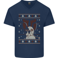 A Funny Christmas Pug Mens V-Neck Cotton T-Shirt Navy Blue