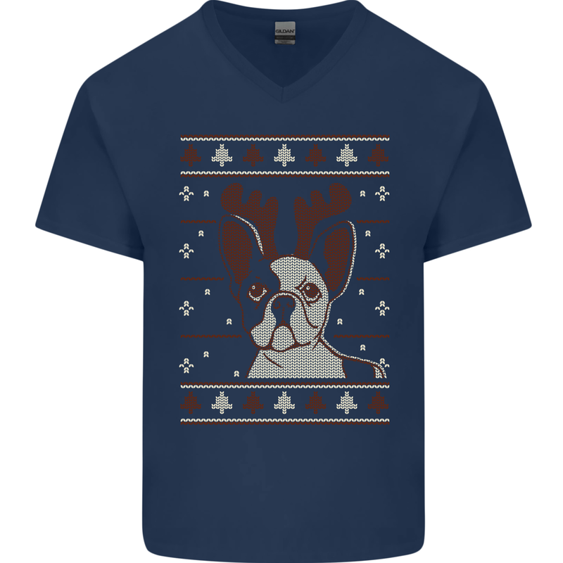A Funny Christmas Pug Mens V-Neck Cotton T-Shirt Navy Blue