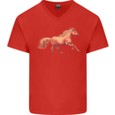 A Galloping Horse Equestrian Mens V-Neck Cotton T-Shirt Red
