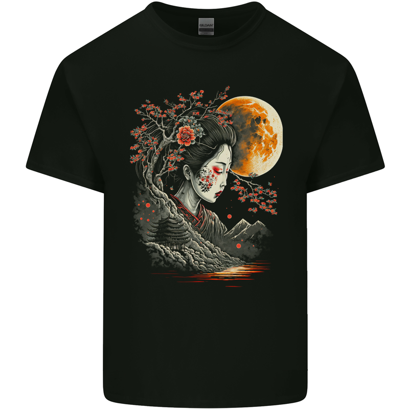 A Geisha Girl Cherry Blossom Moon Fantasy Kids T-Shirt Childrens Black