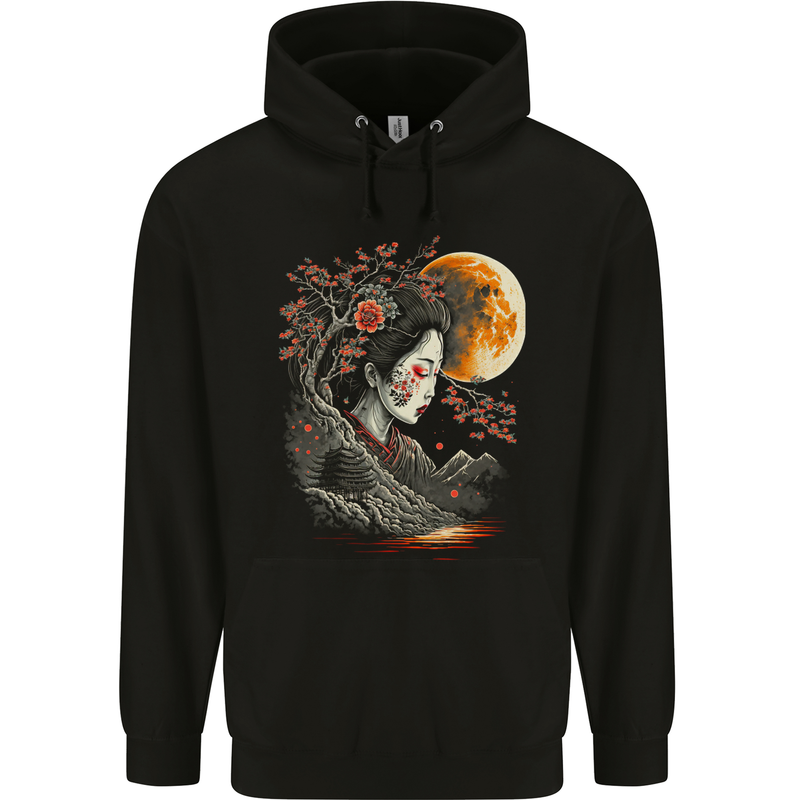 A Geisha Girl Cherry Blossom Moon Fantasy Mens 80% Cotton Hoodie Black