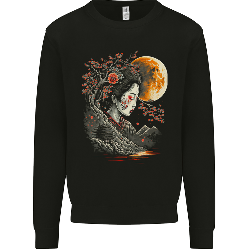 A Geisha Girl Cherry Blossom Moon Fantasy Mens Sweatshirt Jumper Black