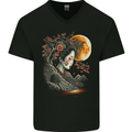 A Geisha Girl Cherry Blossom Moon Fantasy Mens V-Neck Cotton T-Shirt Black