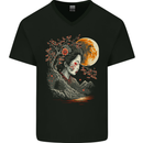 A Geisha Girl Cherry Blossom Moon Fantasy Mens V-Neck Cotton T-Shirt Black