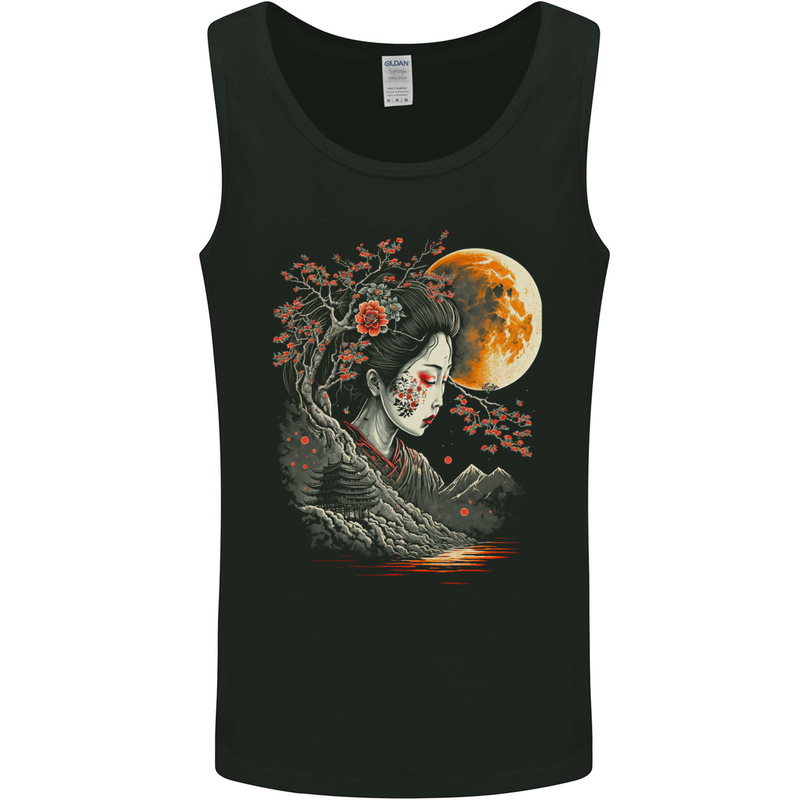 A Geisha Girl Cherry Blossom Moon Fantasy Mens Vest Tank Top Black