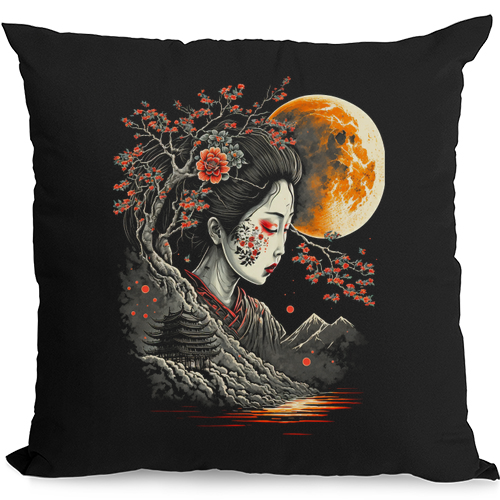 A Geisha Girl Cherry Blossom Moon Fantasy Mens Womens Kids Unisex Black Cushion Cover