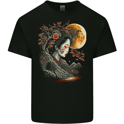 A Geisha Girl Cherry Blossom Moon Fantasy Mens Womens Kids Unisex Black Mens T-Shirt
