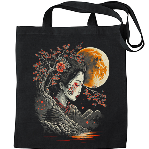 A Geisha Girl Cherry Blossom Moon Fantasy Mens Womens Kids Unisex Black Tote Bag
