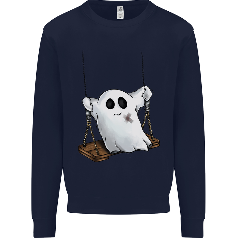 A Ghost on a Swing Halloween Funny Spirit Kids Sweatshirt Jumper Navy Blue