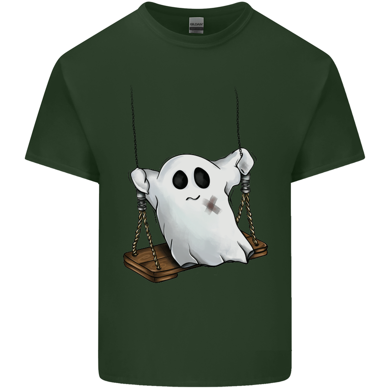 A Ghost on a Swing Halloween Funny Spirit Mens Cotton T-Shirt Tee Top Forest Green
