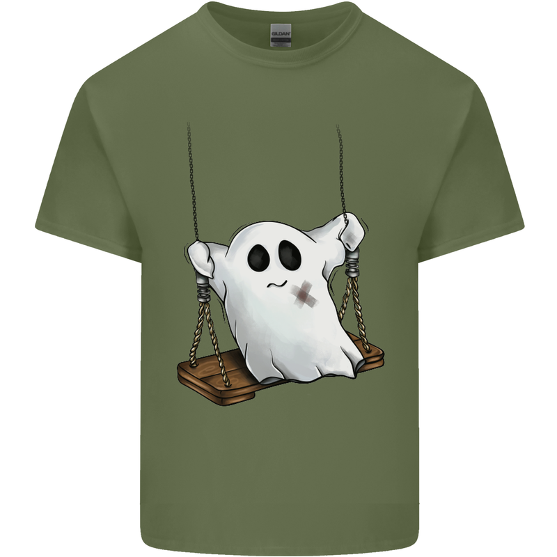 A Ghost on a Swing Halloween Funny Spirit Mens Cotton T-Shirt Tee Top Military Green