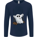 A Ghost on a Swing Halloween Funny Spirit Mens Long Sleeve T-Shirt Navy Blue