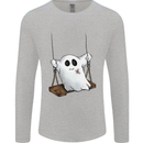 A Ghost on a Swing Halloween Funny Spirit Mens Long Sleeve T-Shirt Sports Grey