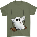A Ghost on a Swing Halloween Funny Spirit Mens T-Shirt Cotton Gildan Military Green