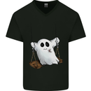 A Ghost on a Swing Halloween Funny Spirit Mens V-Neck Cotton T-Shirt Black