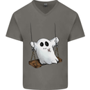 A Ghost on a Swing Halloween Funny Spirit Mens V-Neck Cotton T-Shirt Charcoal