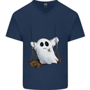 A Ghost on a Swing Halloween Funny Spirit Mens V-Neck Cotton T-Shirt Navy Blue