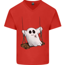 A Ghost on a Swing Halloween Funny Spirit Mens V-Neck Cotton T-Shirt Red