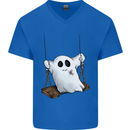 A Ghost on a Swing Halloween Funny Spirit Mens V-Neck Cotton T-Shirt Royal Blue