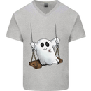 A Ghost on a Swing Halloween Funny Spirit Mens V-Neck Cotton T-Shirt Sports Grey