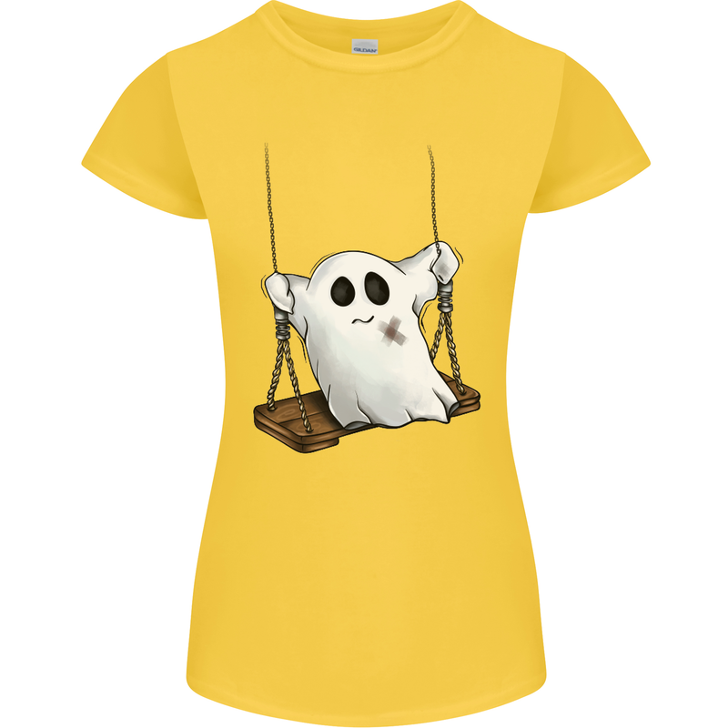 A Ghost on a Swing Halloween Funny Spirit Womens Petite Cut T-Shirt Yellow