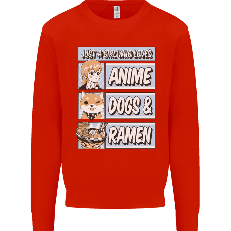 A Girl Who Loves Anime Dogs & Ramen Mens Sweatshirt Jumper Bright Red