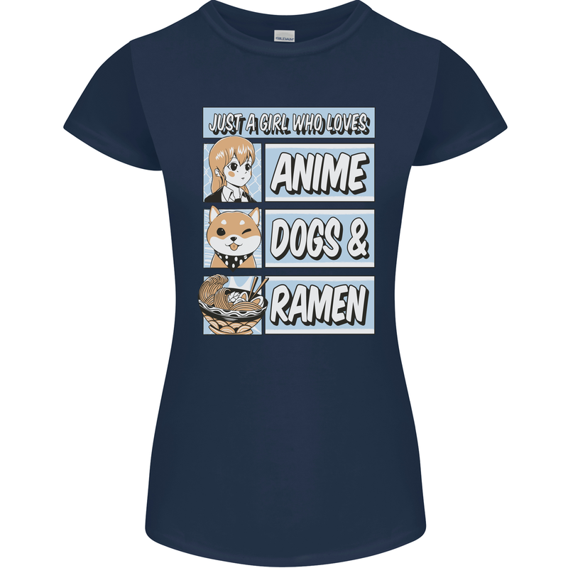 A Girl Who Loves Anime Dogs & Ramen Womens Petite Cut T-Shirt Navy Blue
