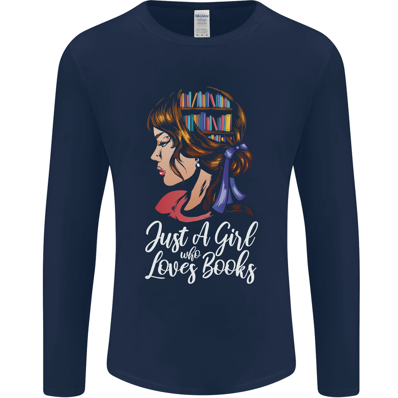 A Girl Who Loves Books Bookworm Reading Mens Long Sleeve T-Shirt Navy Blue