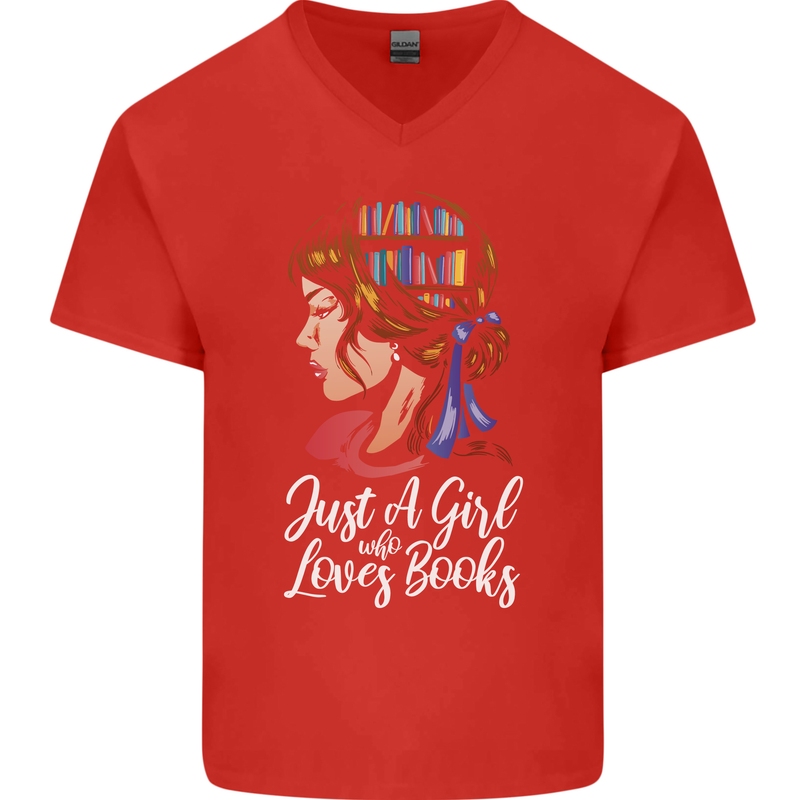 A Girl Who Loves Books Bookworm Reading Mens V-Neck Cotton T-Shirt Red