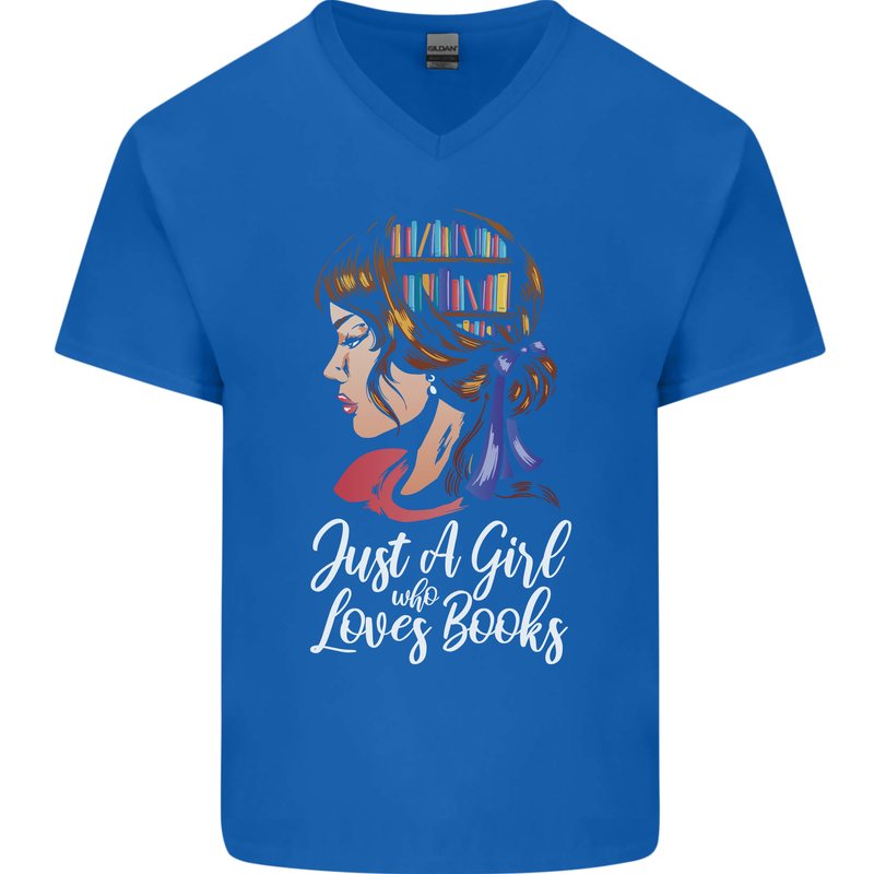 A Girl Who Loves Books Bookworm Reading Mens V-Neck Cotton T-Shirt Royal Blue