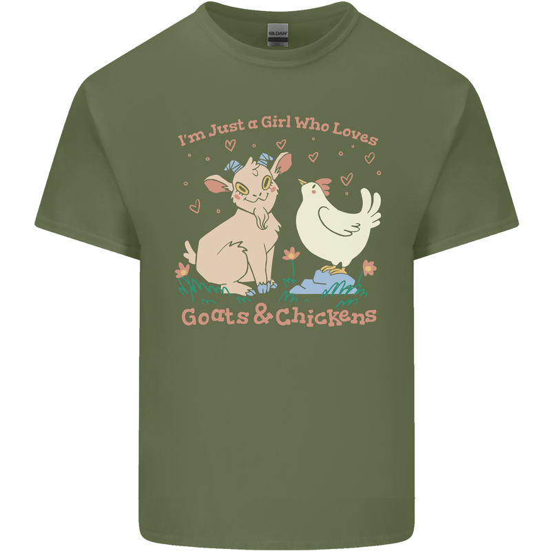 A Girl Who Loves Goats Chickens Farmer Mens Cotton T-Shirt Tee Top Military Green