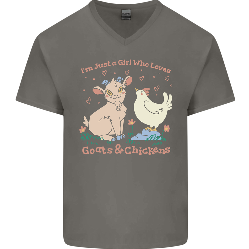 A Girl Who Loves Goats Chickens Farmer Mens V-Neck Cotton T-Shirt Charcoal