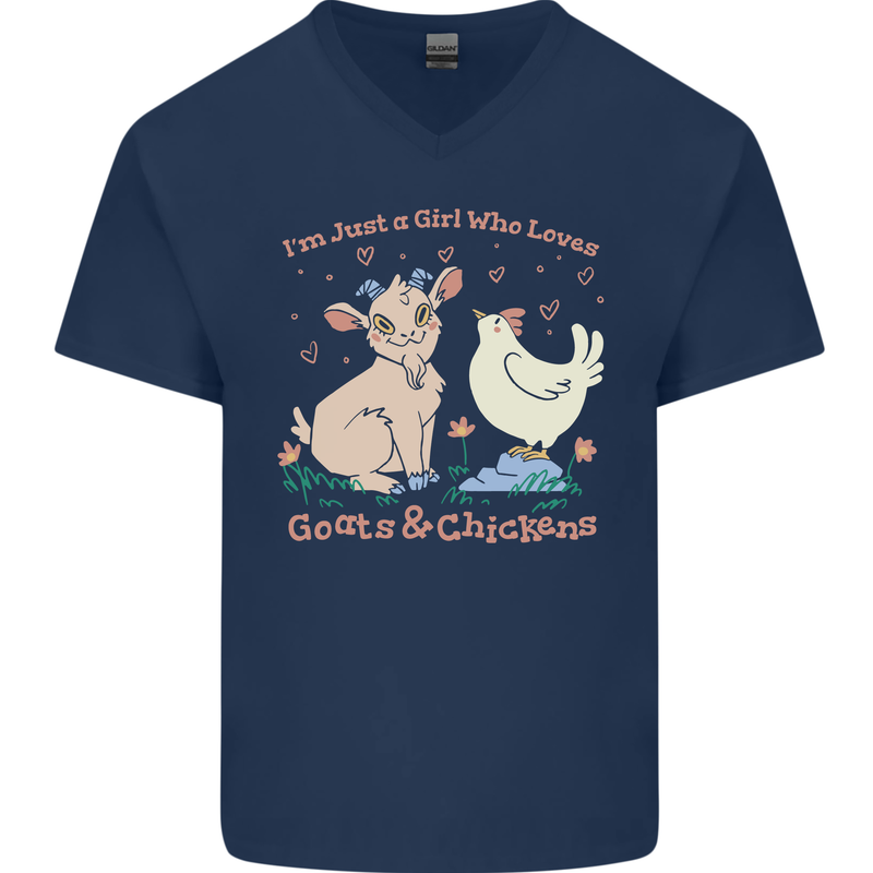 A Girl Who Loves Goats Chickens Farmer Mens V-Neck Cotton T-Shirt Navy Blue