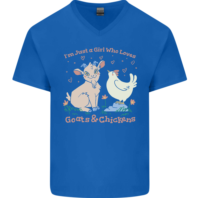 A Girl Who Loves Goats Chickens Farmer Mens V-Neck Cotton T-Shirt Royal Blue