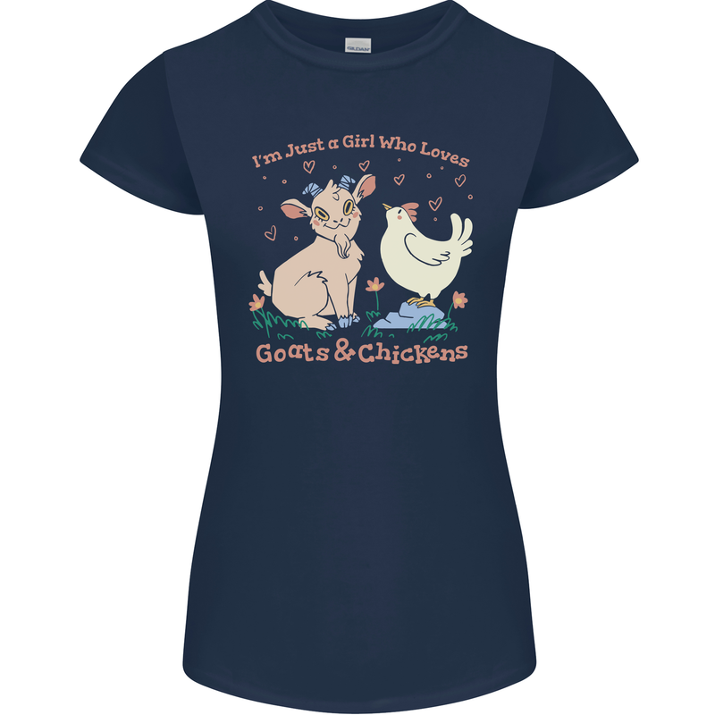 A Girl Who Loves Goats Chickens Farmer Womens Petite Cut T-Shirt Navy Blue