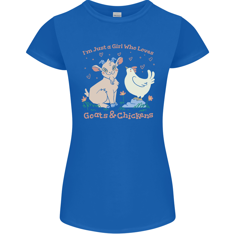 A Girl Who Loves Goats Chickens Farmer Womens Petite Cut T-Shirt Royal Blue