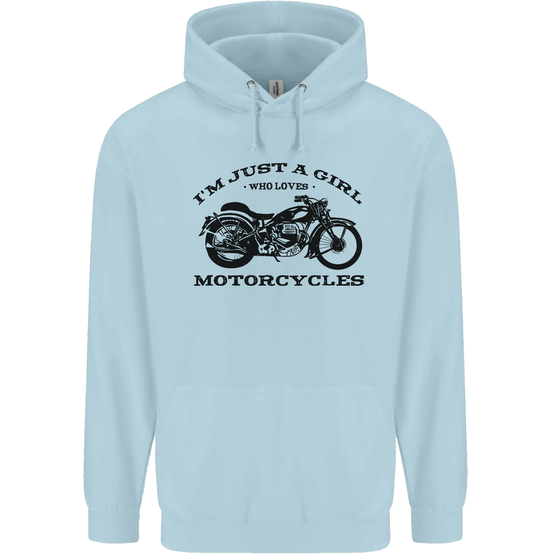 A Girl Who Loves Motorcycles Biker Childrens Kids Hoodie Light Blue