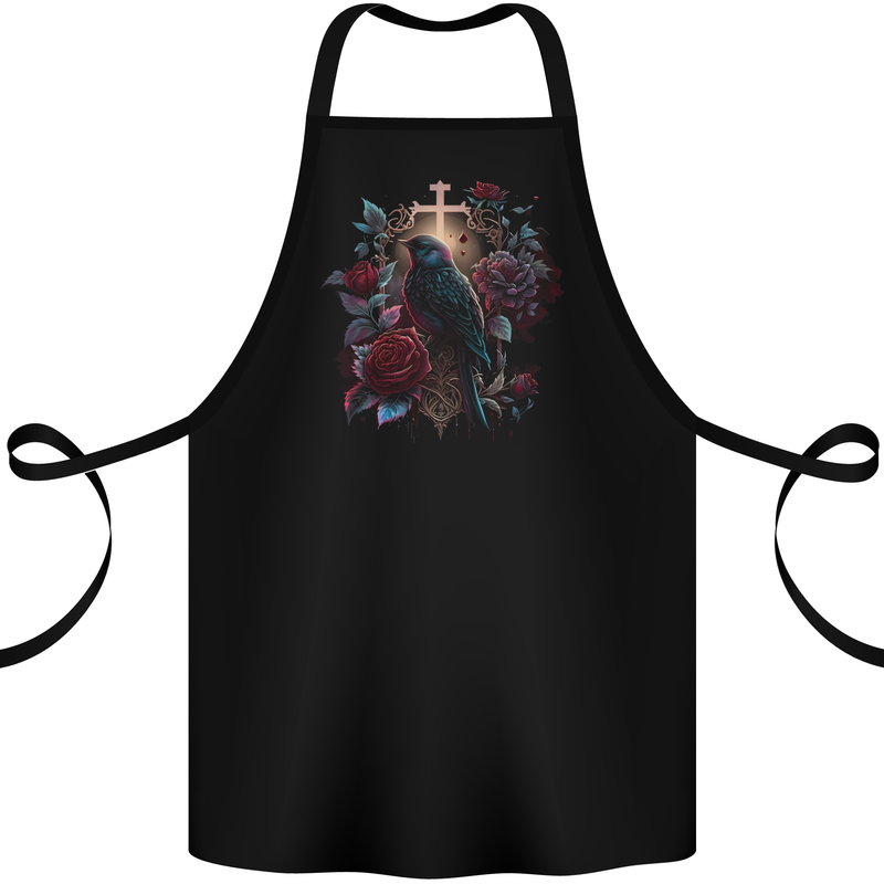 A Gothic Bird and Cross in Roses Gothic Cotton Apron 100% Organic Black