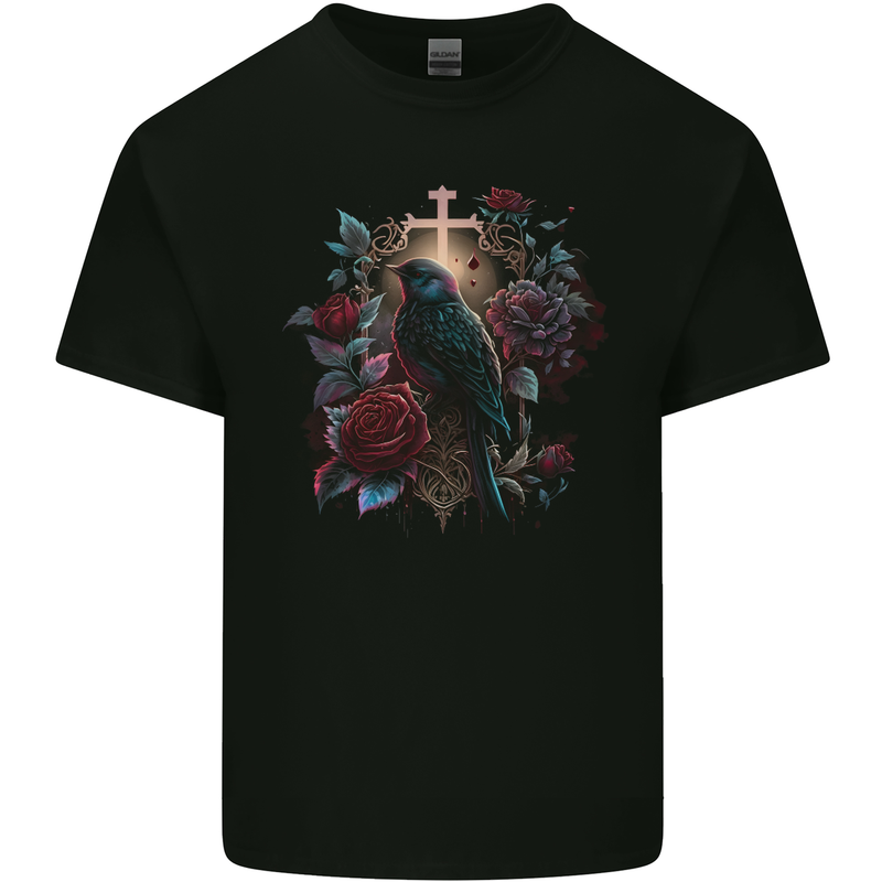 A Gothic Bird and Cross in Roses Gothic Kids T-Shirt Childrens Black