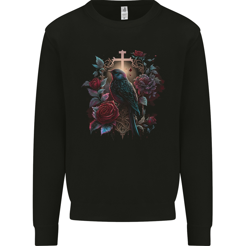 A Gothic Bird and Cross in Roses Gothic Mens Sweatshirt Jumper Black