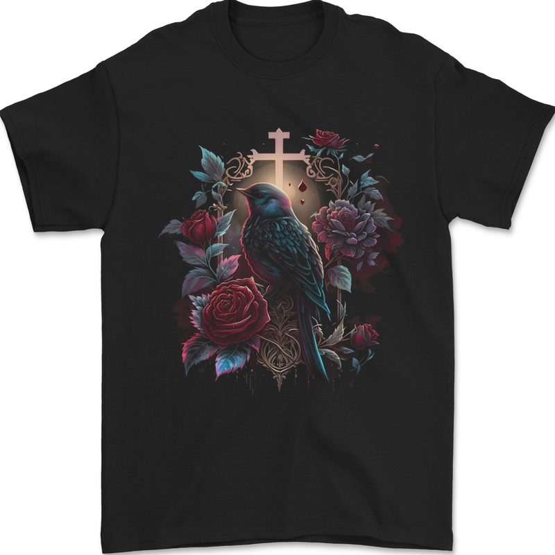 A Gothic Bird and Cross in Roses Gothic Mens T-Shirt 100% Cotton Black