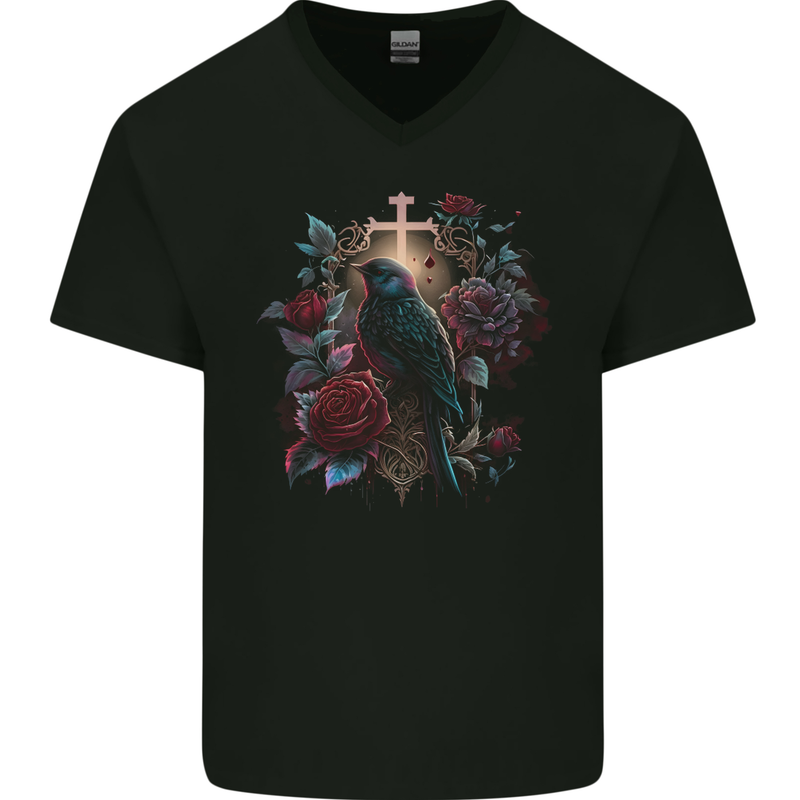 A Gothic Bird and Cross in Roses Gothic Mens V-Neck Cotton T-Shirt Black