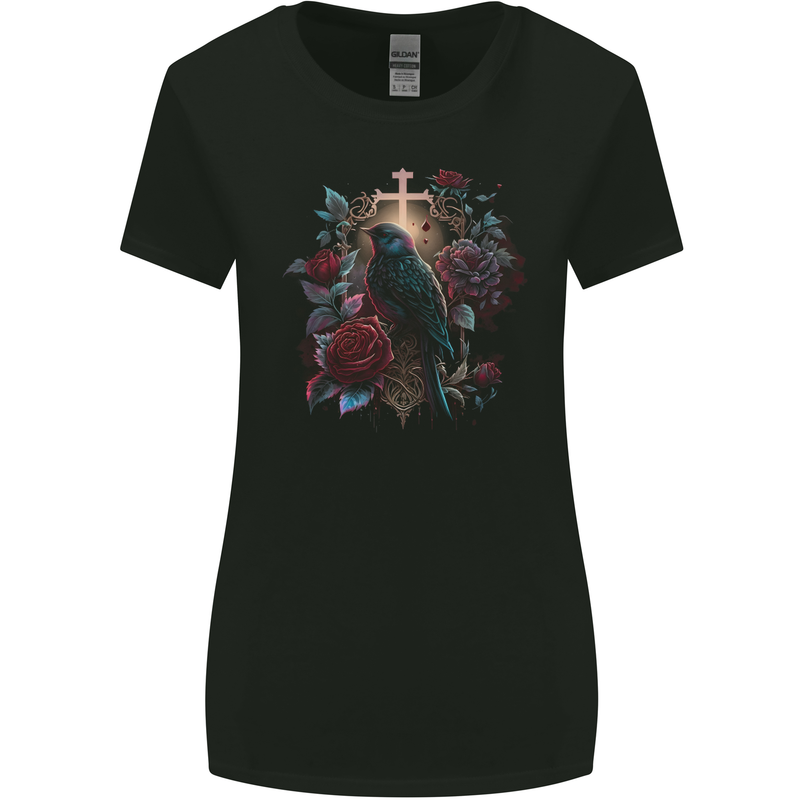 A Gothic Bird and Cross in Roses Gothic Womens Wider Cut T-Shirt Black