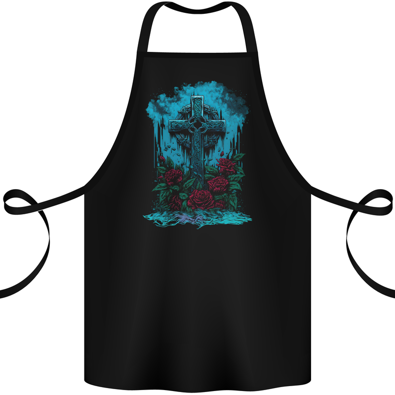 A Gothic Celtic Cross and Roses Cotton Apron 100% Organic Black