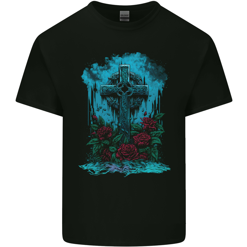 A Gothic Celtic Cross and Roses Kids T-Shirt Childrens Black