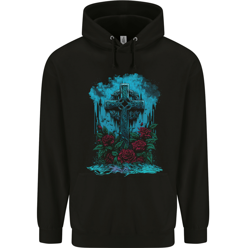 A Gothic Celtic Cross and Roses Mens 80% Cotton Hoodie Black