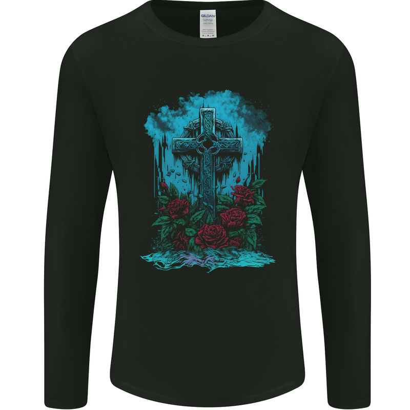 A Gothic Celtic Cross and Roses Mens Long Sleeve T-Shirt Black