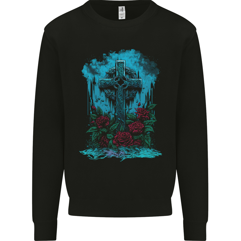 A Gothic Celtic Cross and Roses Mens Sweatshirt Jumper Black
