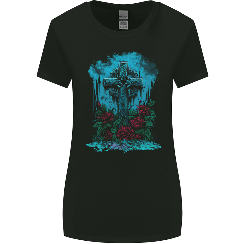 A Gothic Celtic Cross and Roses Womens Wider Cut T-Shirt Black